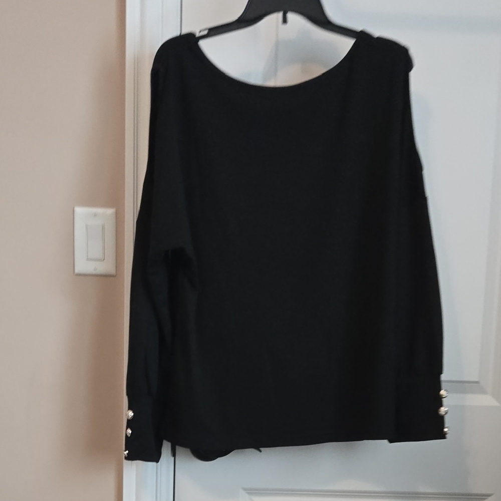Black Long Sleeve Top with Button Accents - Cut Out Sleeved